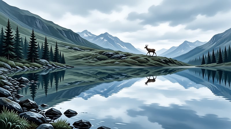 A lone brown elk on a grassy ridge reflects in a calm mountain lake, with evergreen forests and snow-topped peaks around it.