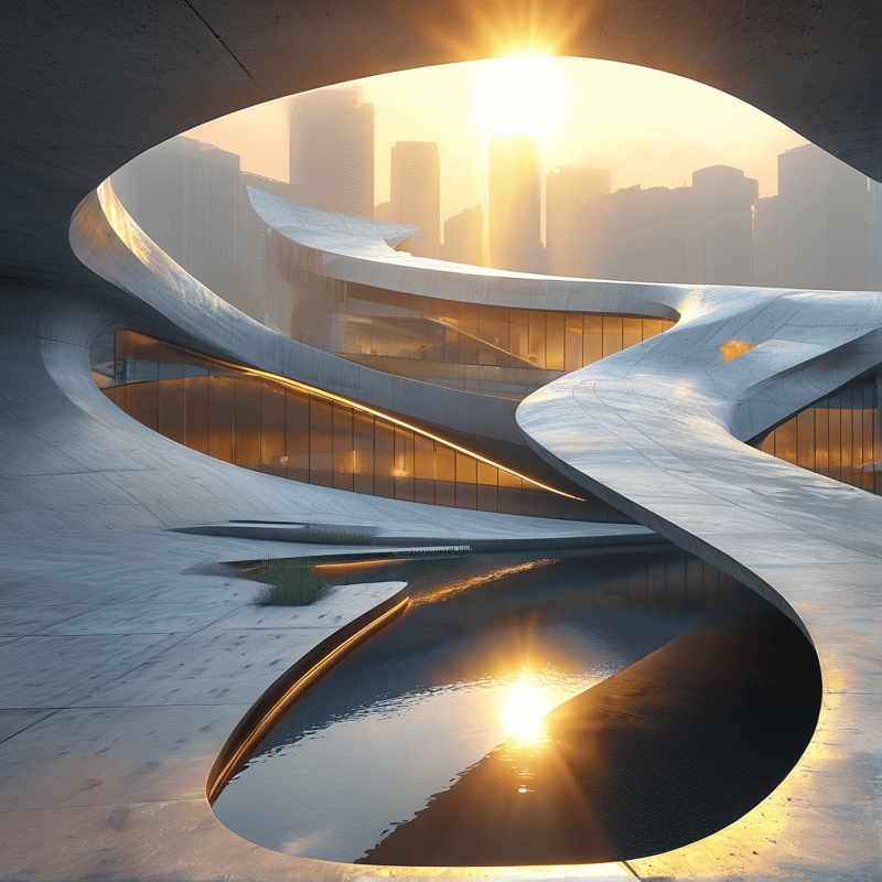 A white flowing building with glowing windows stands before a hazy skyline while the sun reflects on a nearby pool.