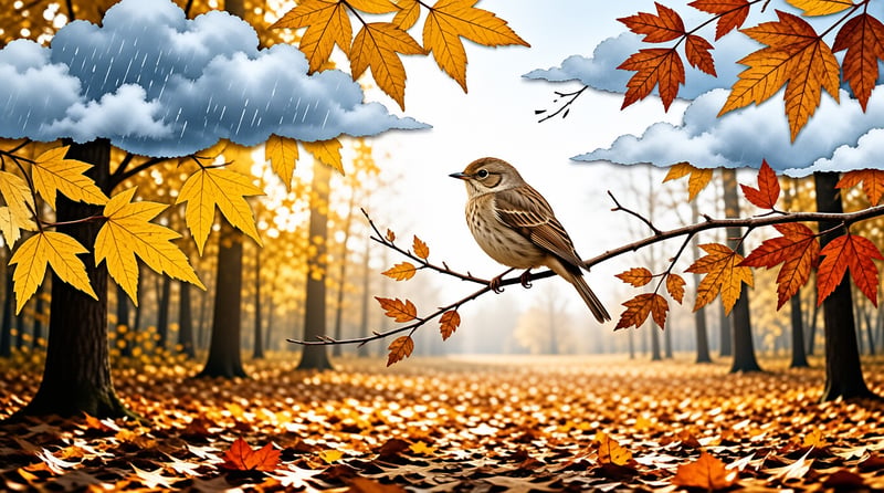 A brown warbler sits on a twig above a forest floor covered in yellow leaves under raining clouds.