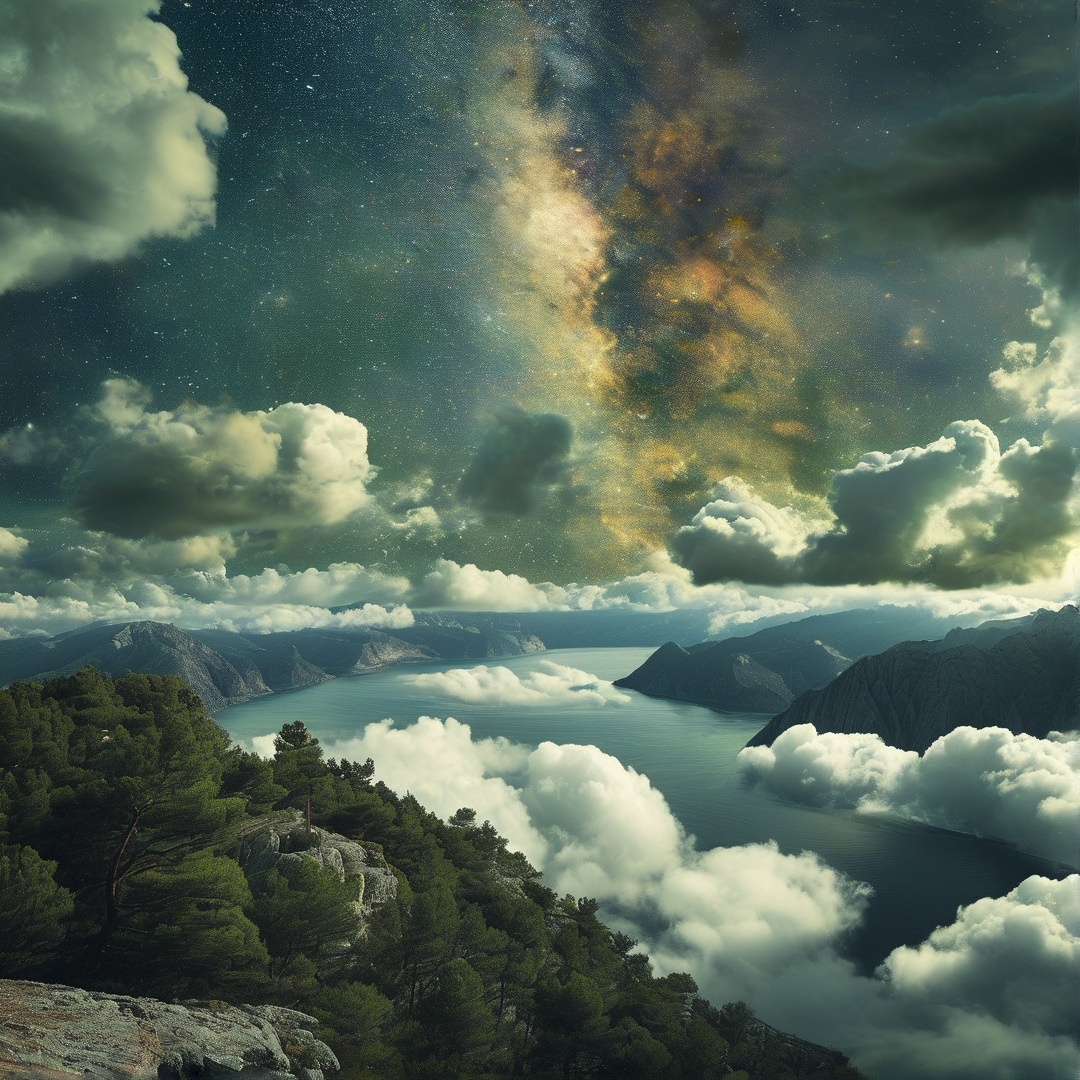 A serene water valley surrounded by rugged mountains beneath a bright starry sky and floating clouds.