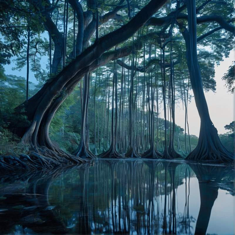 A large banyan tree stands in water with hanging aerial roots creating a symmetrical reflection in cool blue tones.