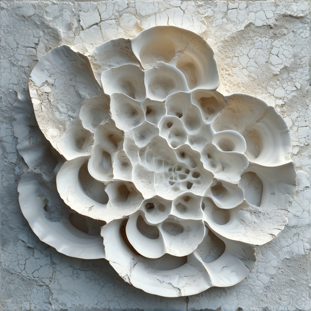 White raised floral plaster relief sits against a pale cracked dry cement wall, marked with weathering and age.