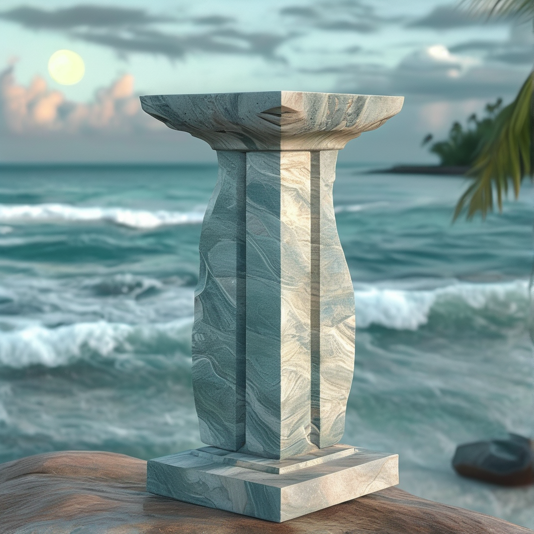 A carved stone pedestal stands on a rocky outcrop while blue ocean waves crash nearby under a cloudy sky.