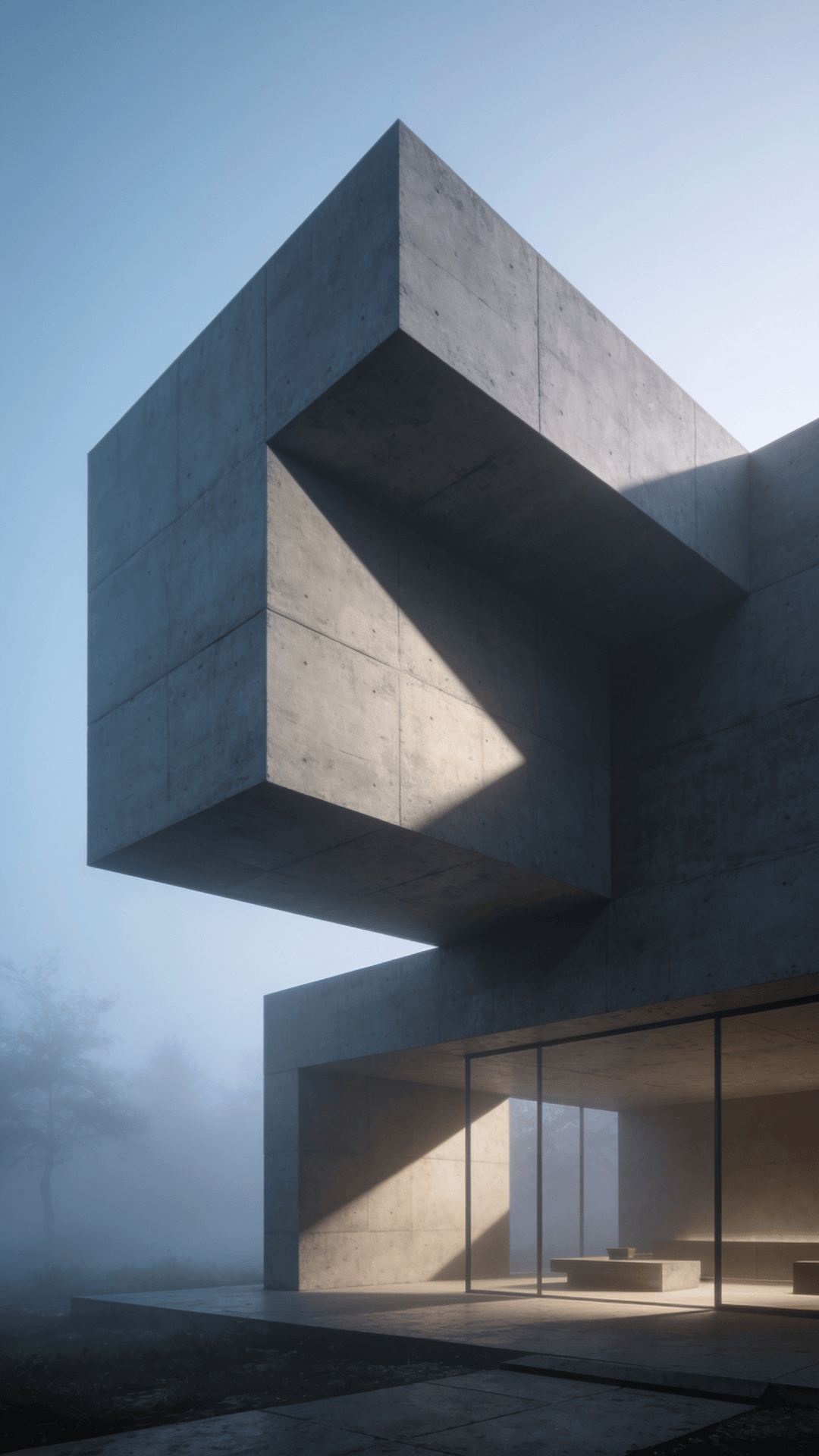 Pavilion with Brutalist Massing — Foggy Morning