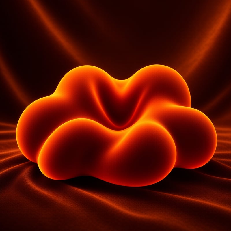 A bright orange cloudy formation floats above a shadowy fabric background with radiating light.
