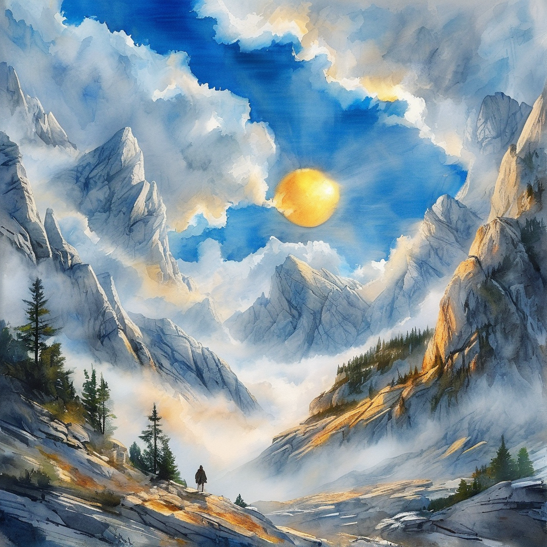A lone figure stands on a ledge overlooking a vast mountain range lit by a bright sun breaking through clouds.