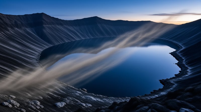 Deep blue volcanic crater lake surrounded by steep slopes with golden light beams cutting through the mist over the water.