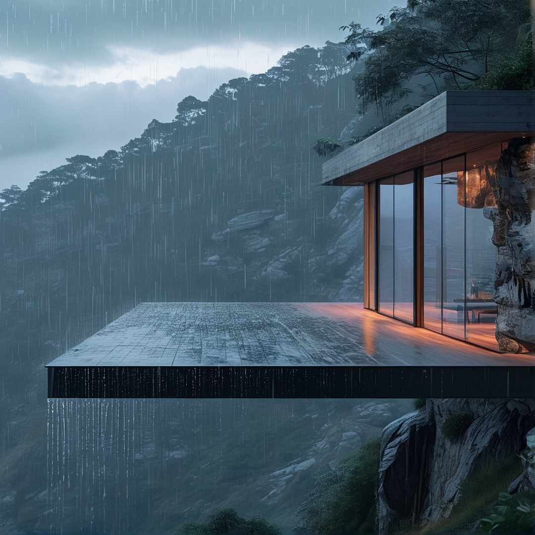 Modern Cliffside House in Rain