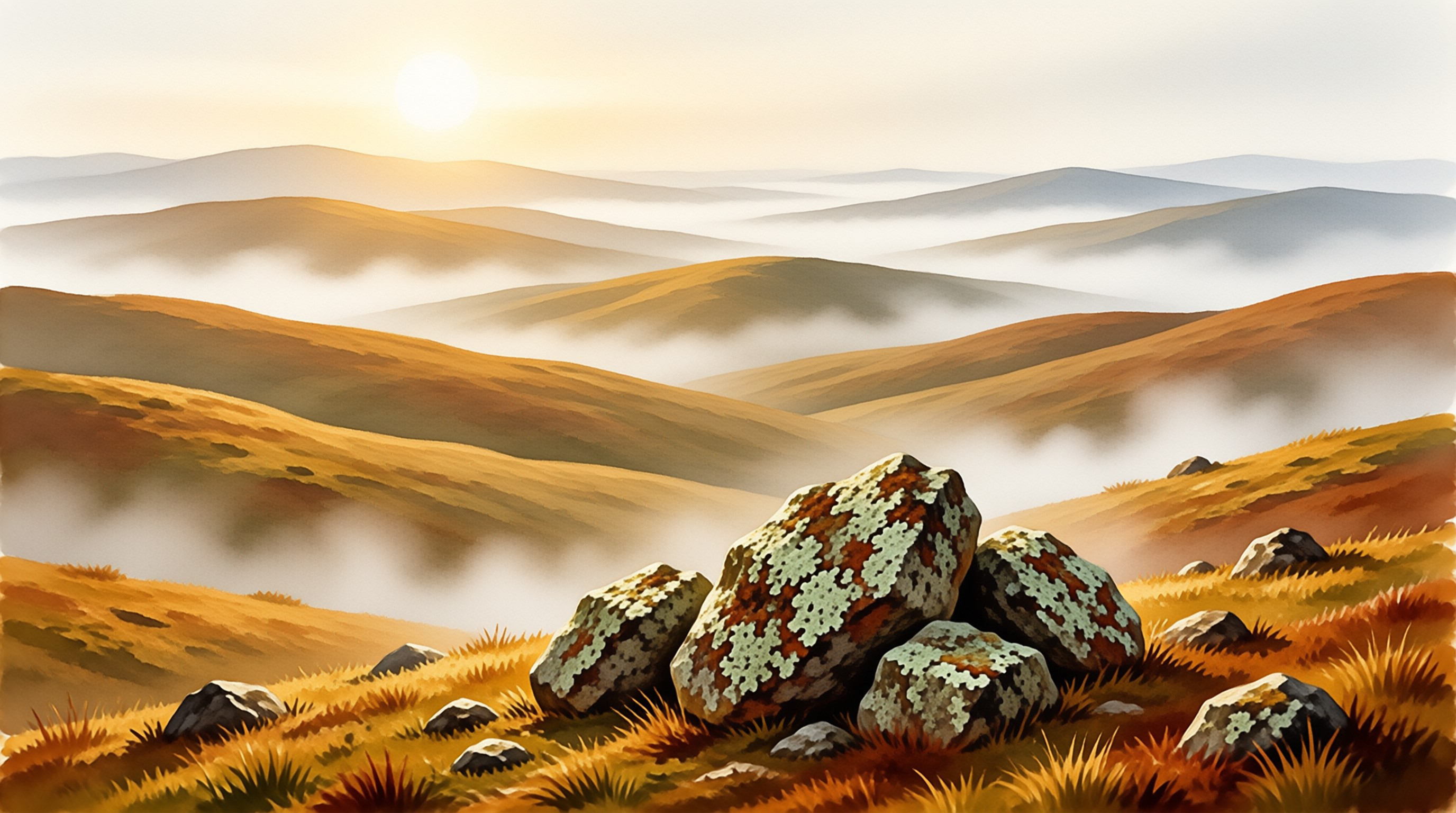 Weathered boulders covered in lichen rest on a grassy slope overlooking a valley of rolling hills shrouded in white mist.
