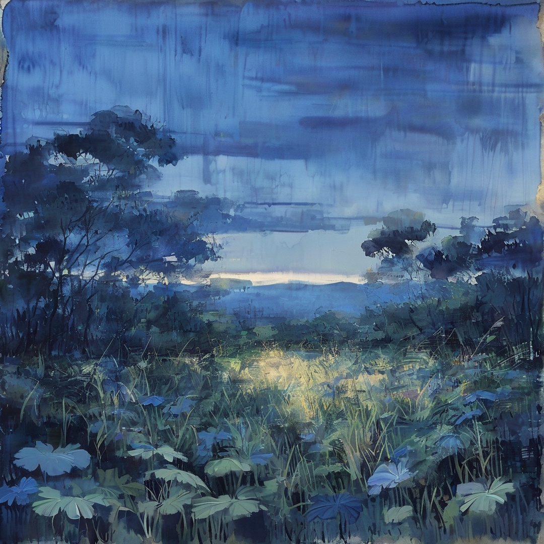 A painterly landscape showing a sunlit wild meadow bordered by dark foliage, with warm yellow light peeking through under a deep blue overcast sky.