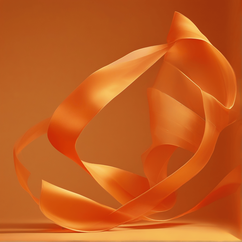 A flowing orange satin ribbon forms graceful twisting loops against a uniform warm orange backdrop, with soft light casting subtle highlights on its folds.
