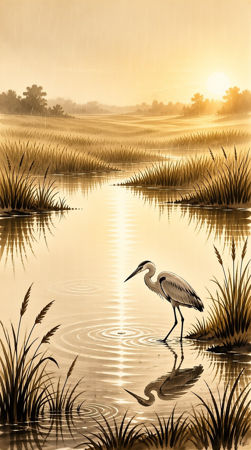 A large wading bird stands in shallow water with ripples while the sun casts a bright reflection across the marsh.