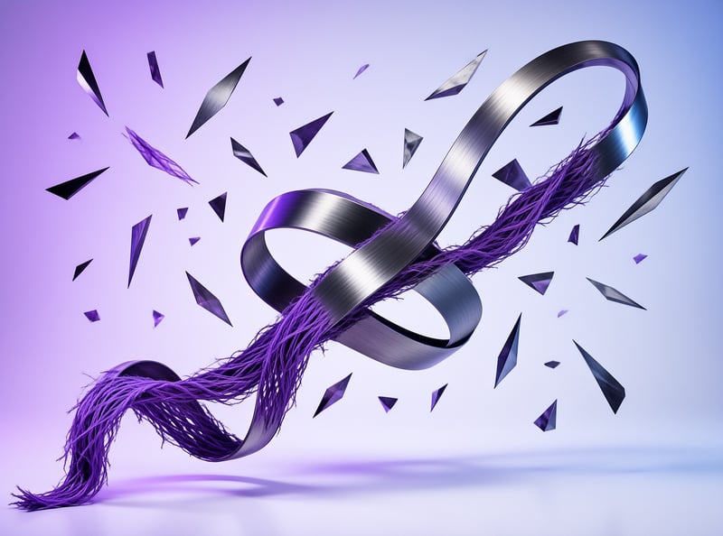 A twisted metallic ribbon winds through floating purple crystals against a smooth gradient background.