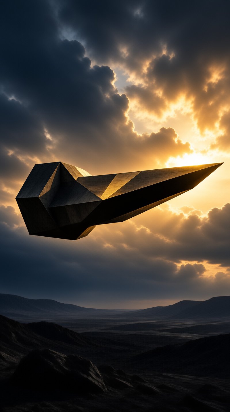 A giant paper airplane shape floats above a dark rugged terrain under a sky filled with dramatic golden sunset light.