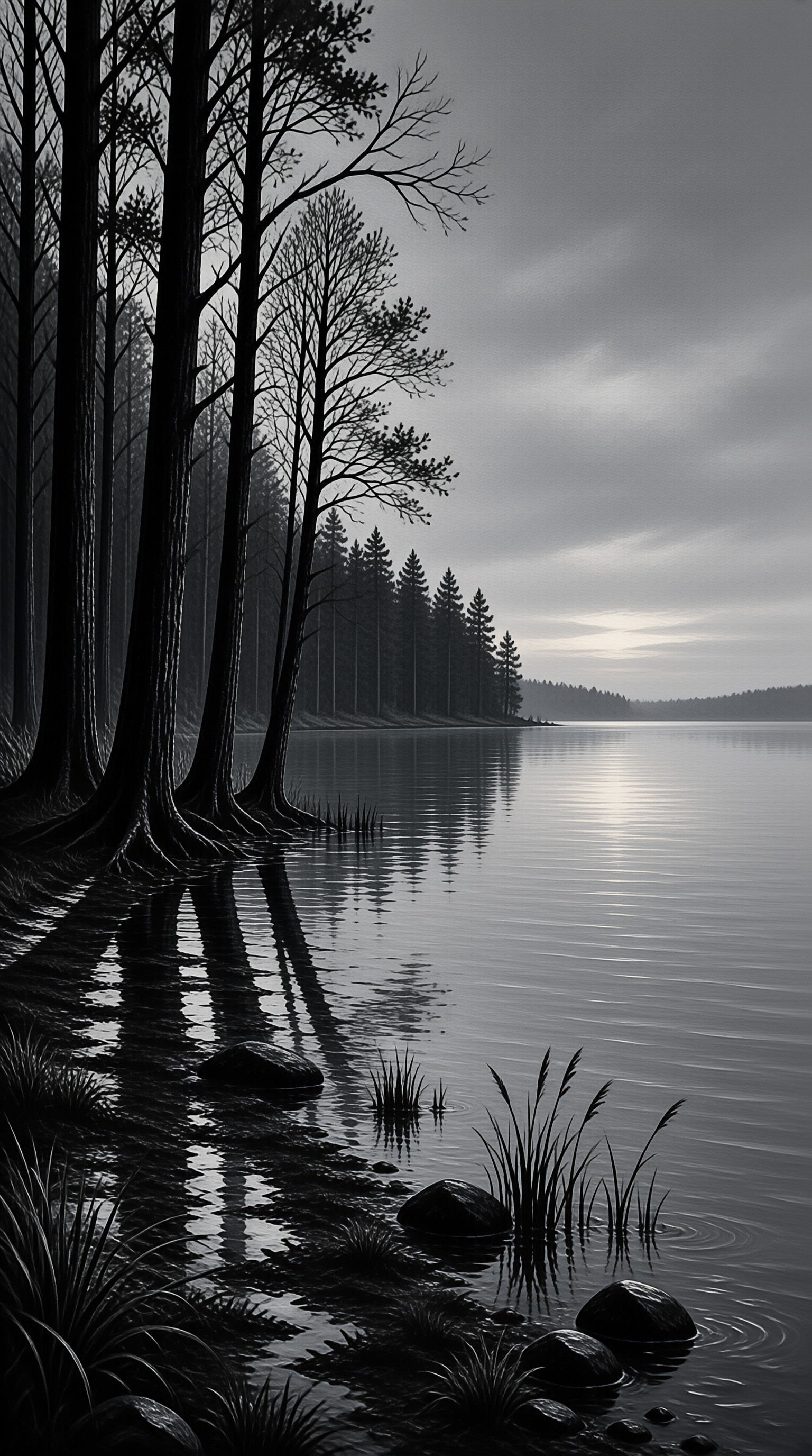 Dark trunks rise from a quiet gray shoreline where reeds and stones reflect in the glassy water.