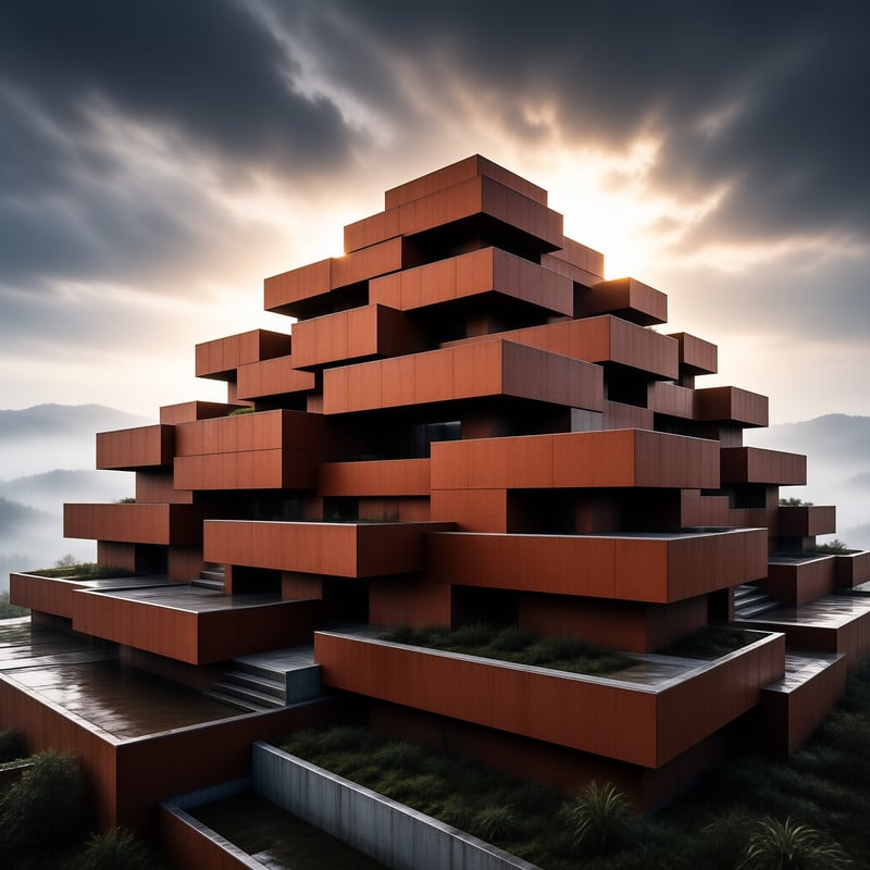 A massive structure of stacked reddish blocks rises above foggy peaks as light breaks through the dark clouds.