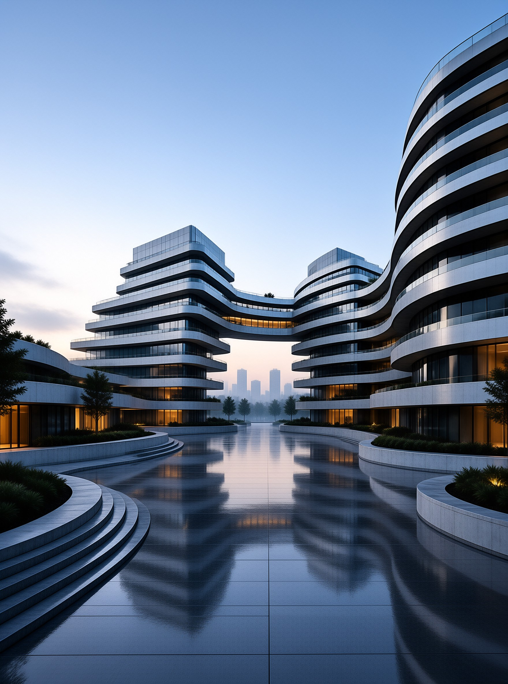 Curved white architecture frames a wet plaza at dusk while warm interior lights glow against a fading blue sky.
