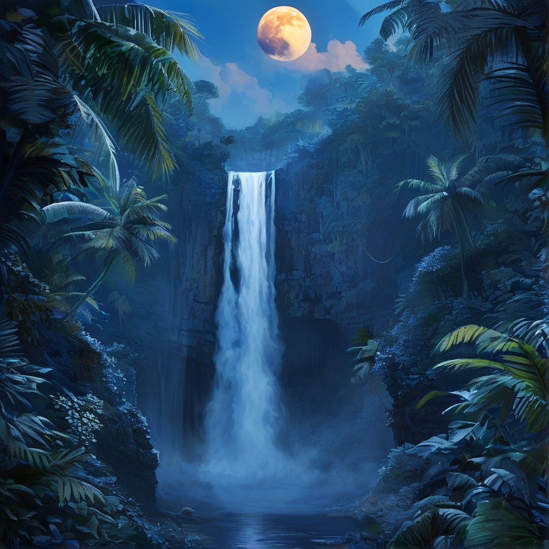 Moonlit Jungle Waterfall