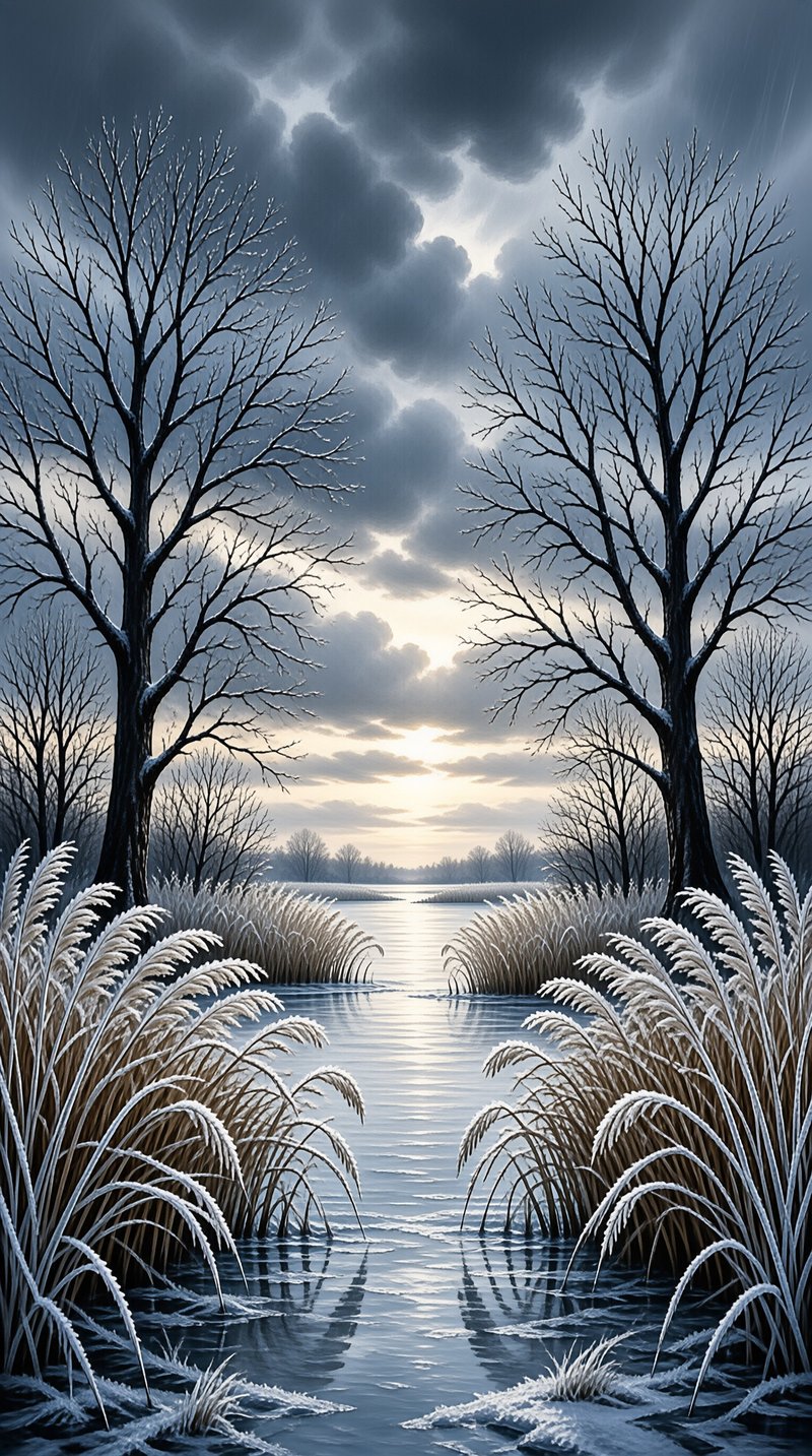 Winter landscape with a frozen river flanked by tall grasses covered in frost under a dramatic cloudy sky.