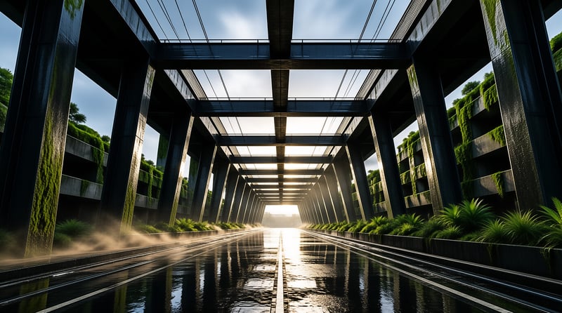 Wet concrete underpass covered in green vines with bright sunlight shining through the opening at the end.
