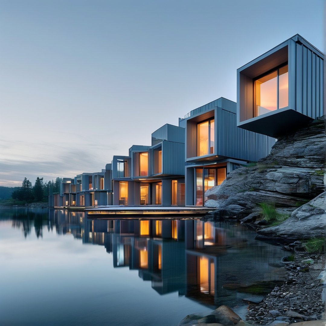 Modern structures with illuminated windows stand on a rocky lakeshore beside a calm lake reflecting their warm light at dusk.