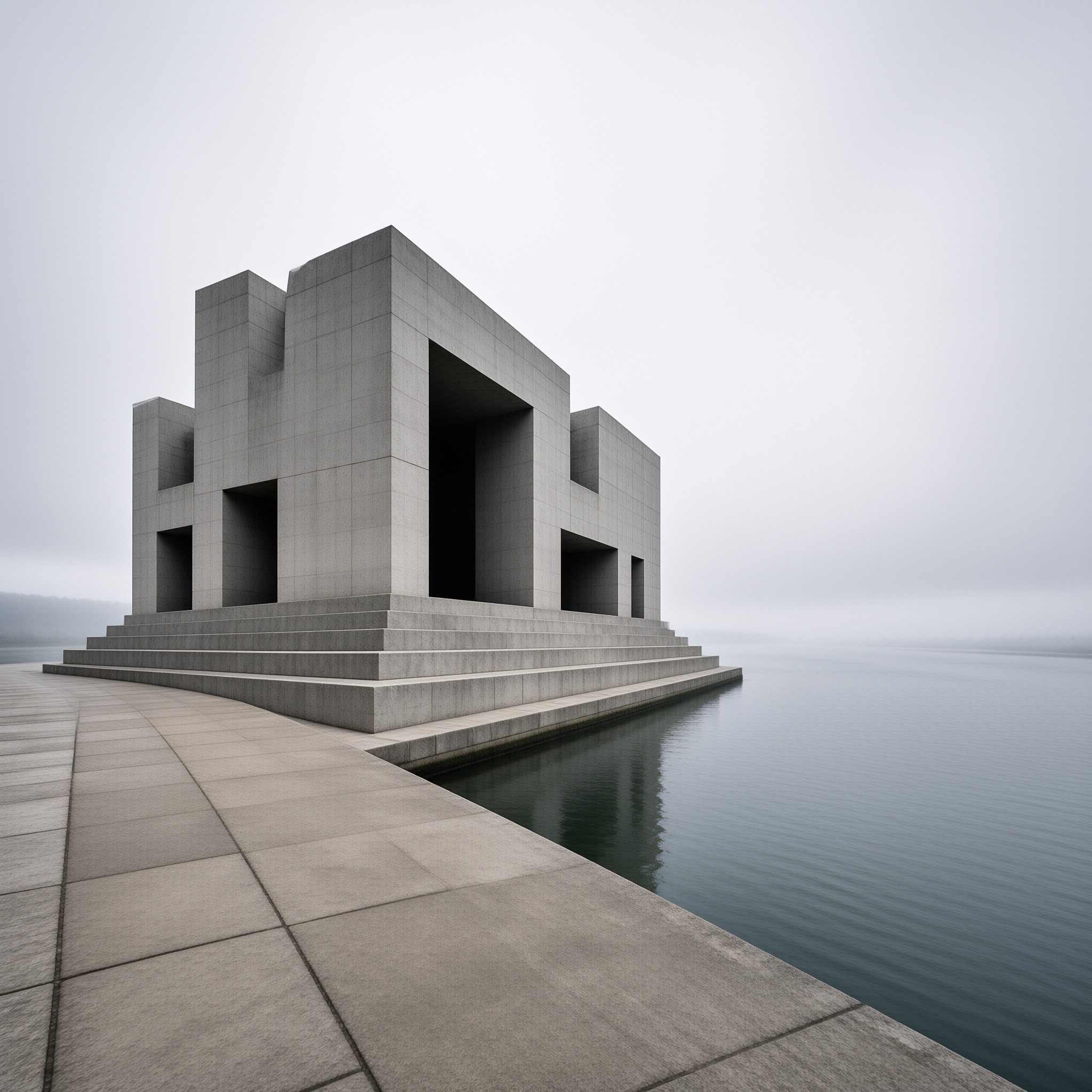 Grey stone edifice with deep recesses sits on a tiered plinth beside a placid lake under an overcast sky.