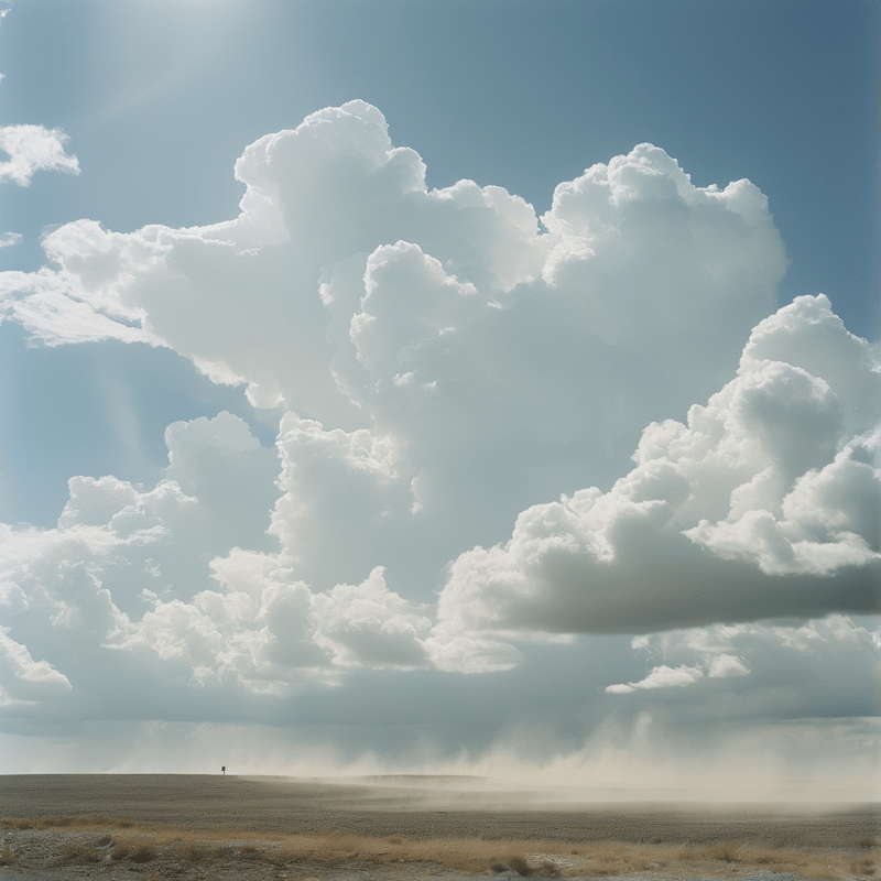 A solitary figure stands on a dusty plain beneath massive white clouds filling the bright sky.
