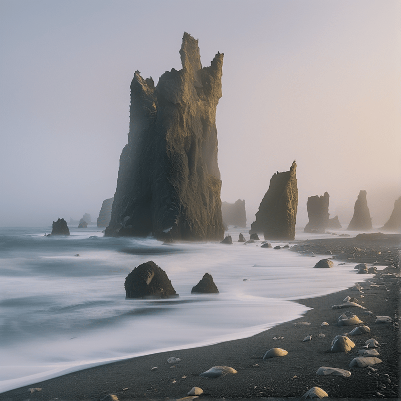 Jagged volcanic rock formations rise from the ocean next to a dark sandy beach under soft foggy lighting.