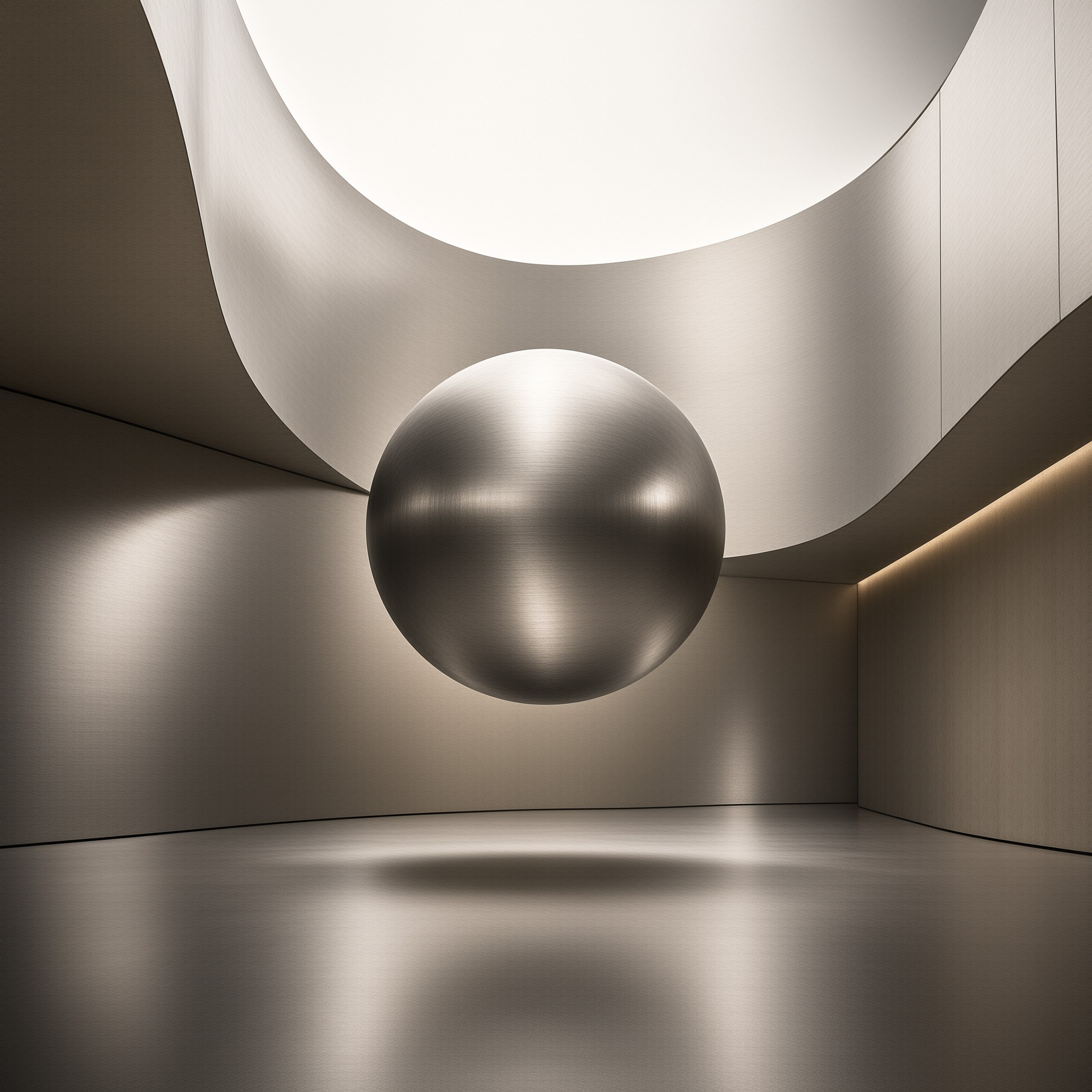 A large reflective metal sphere floats centrally within a futuristic curved room illuminated by soft overhead light.