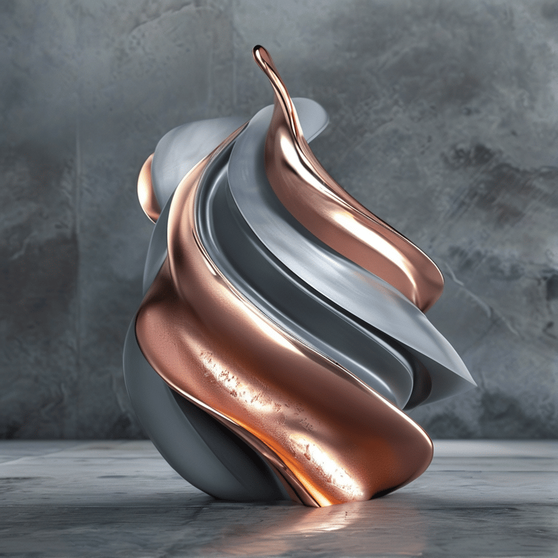 Abstract artwork featuring flowing copper and grey metallic ribbons on a rough stone surface with soft highlights.