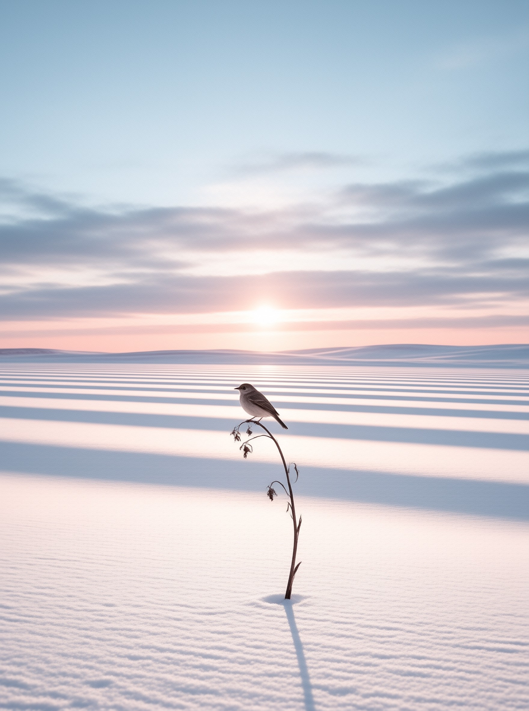A tiny brown bird rests on a dried plant stalk rising from striped snow at soft sunrise.