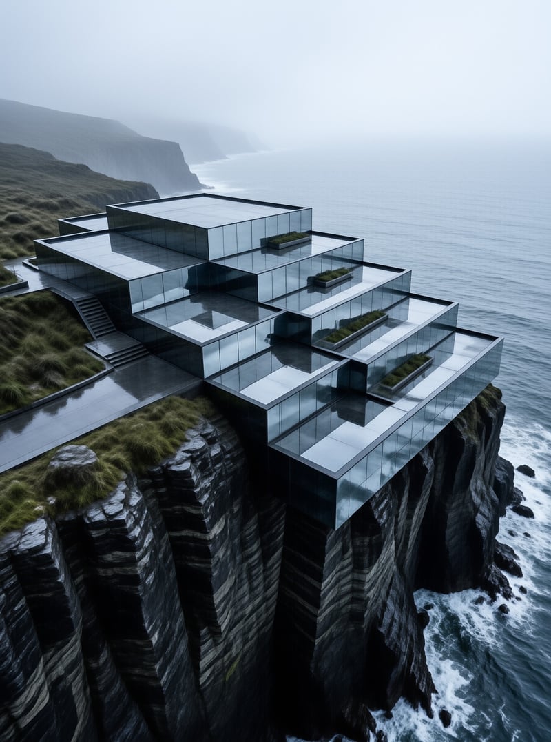 Stacked transparent volumes with planted rooftops perch on a rugged basalt cliff overlooking a foggy grey ocean.
