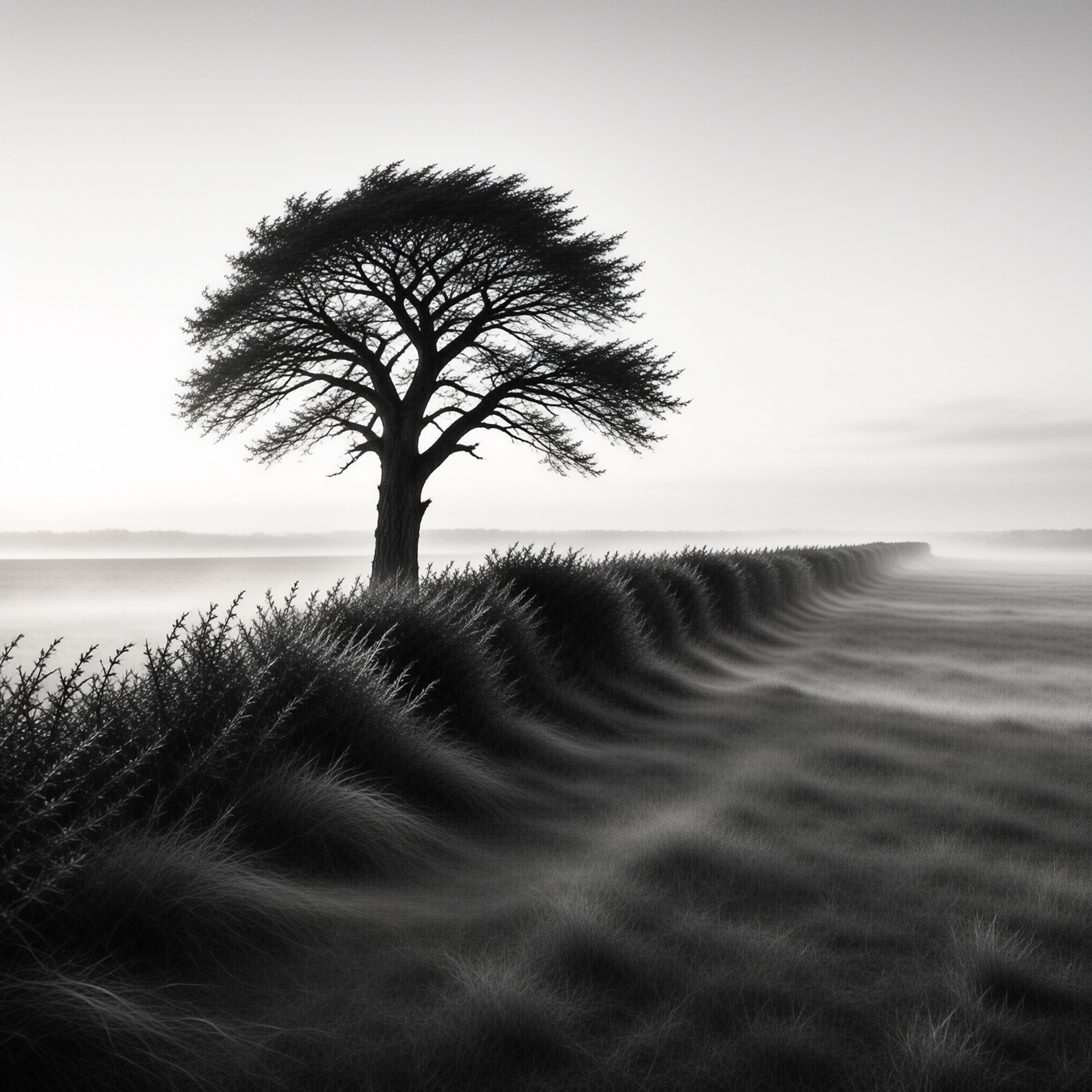 Acacia Tree Standing In Misty Grassy Field