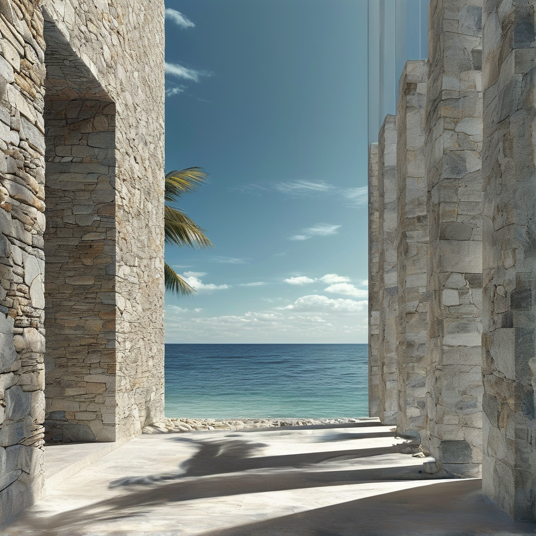 Concrete path between stone walls casting shadows while framing a bright view of the turquoise sea and palm leaves.