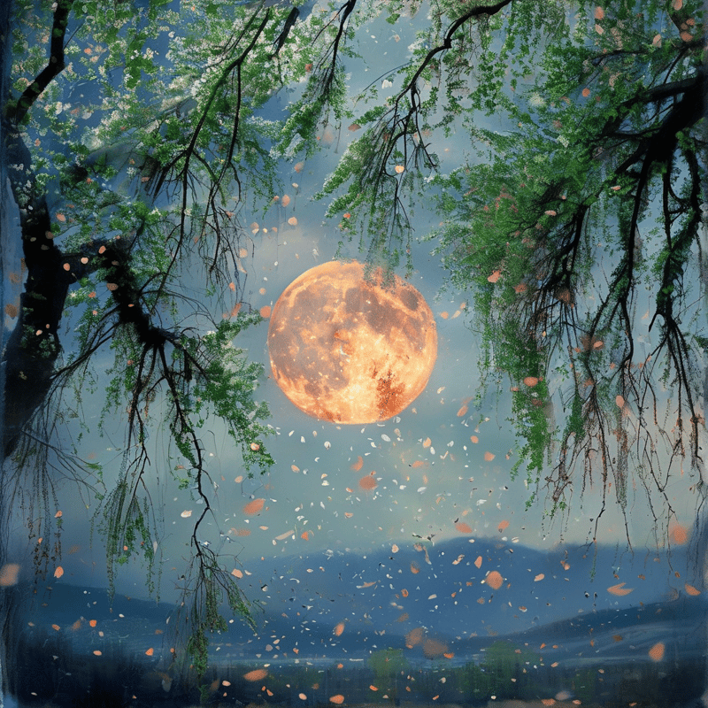 A large orange moon shines brightly while falling petals drift through the air under the green canopy of trees.