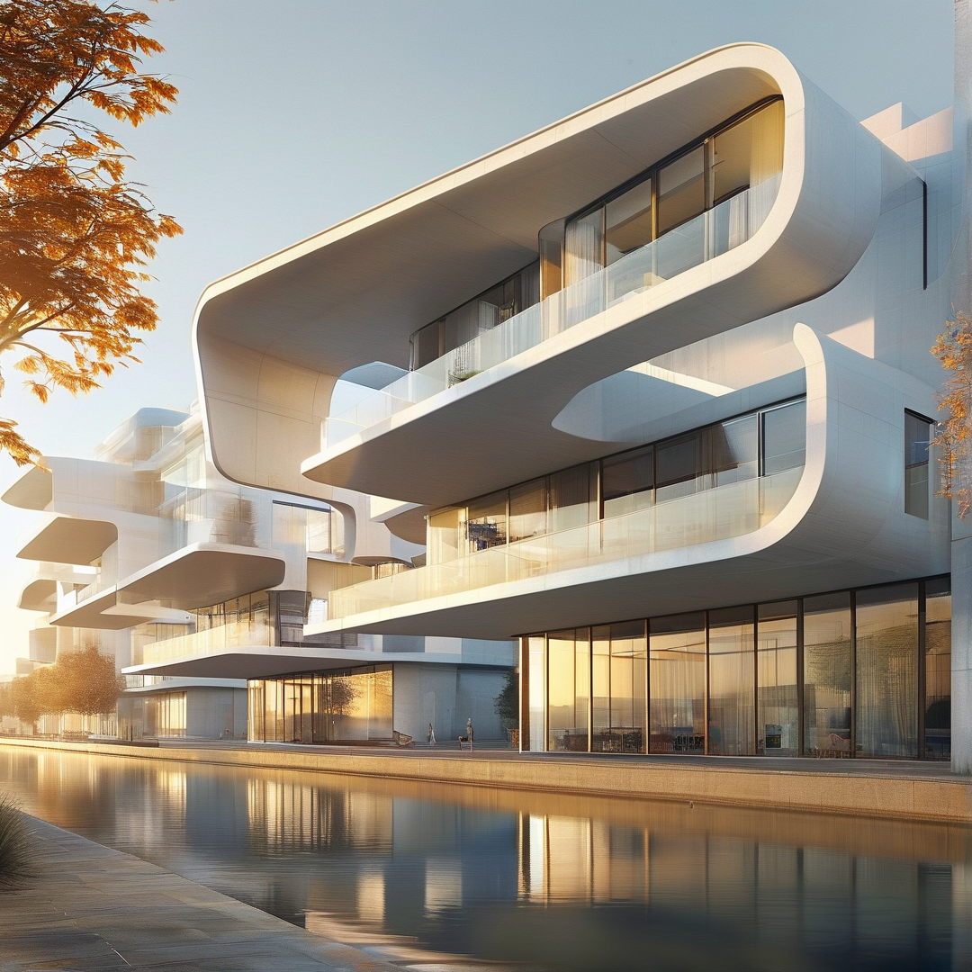 Sleek white curved residential buildings with cantilevered glass balconies stand next to a still reflective pond bathed in soft warm golden hour light.