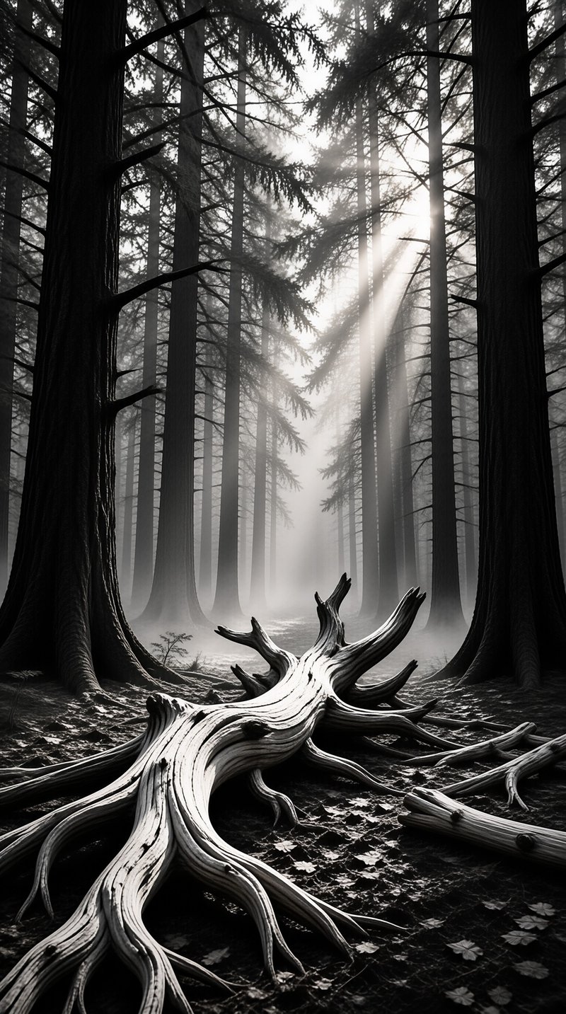 A pale weathered tree trunk lies across the floor of a foggy black and white pine forest pierced by light.