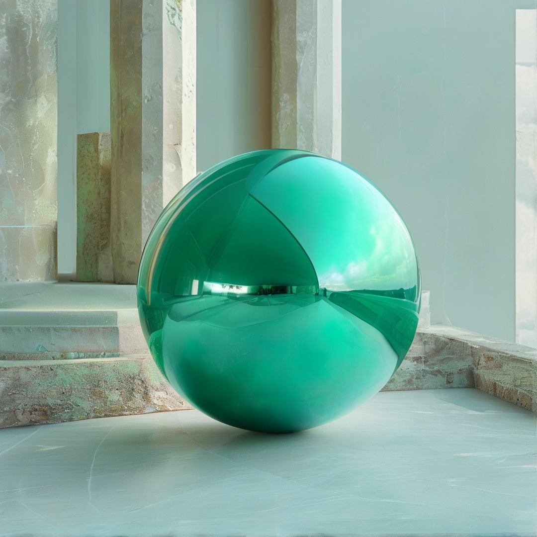 A large polished green sphere rests on a stone surface next to weathered columns reflecting the sky.