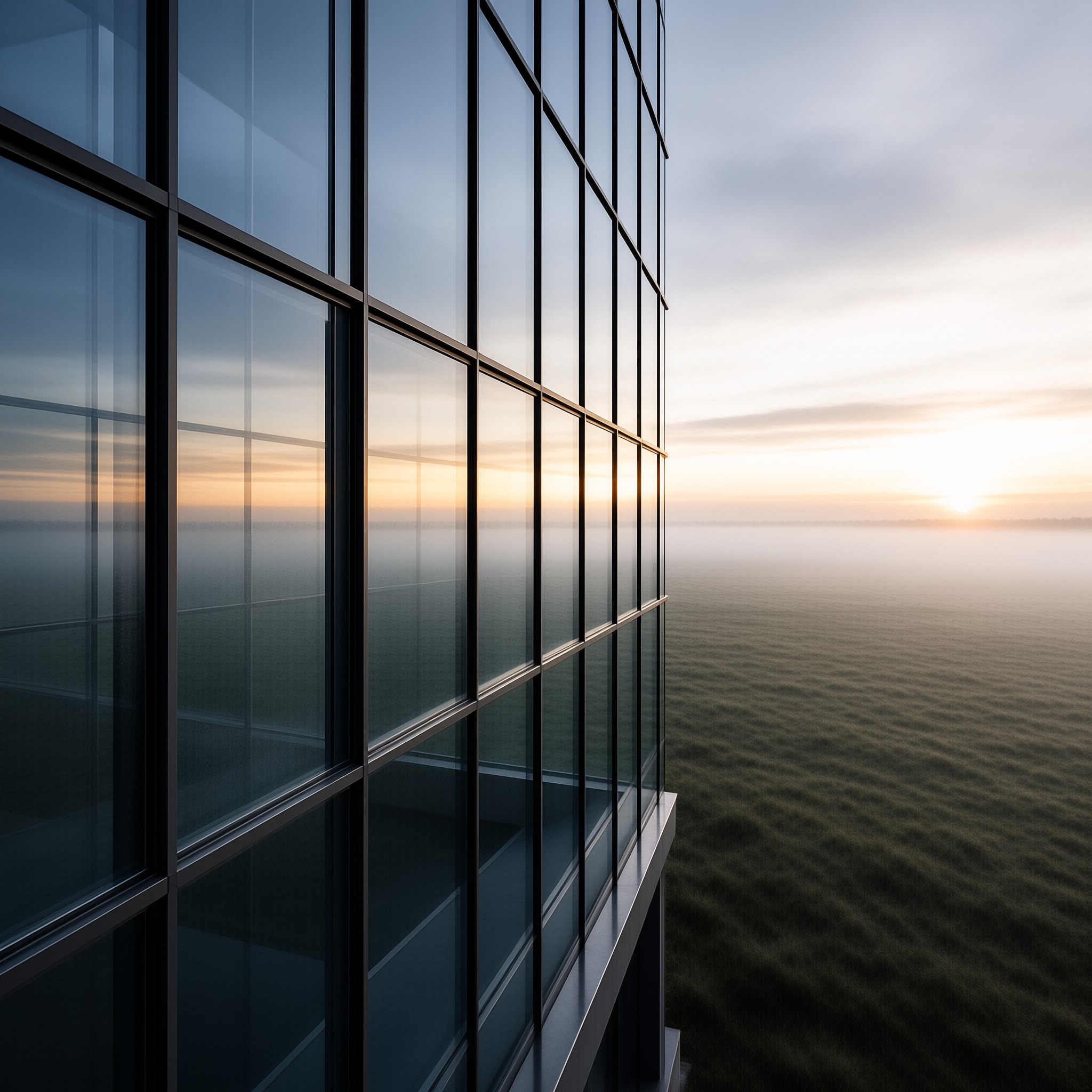 A modern glass building corner looks out at a golden sunrise rising above a foggy landscape.