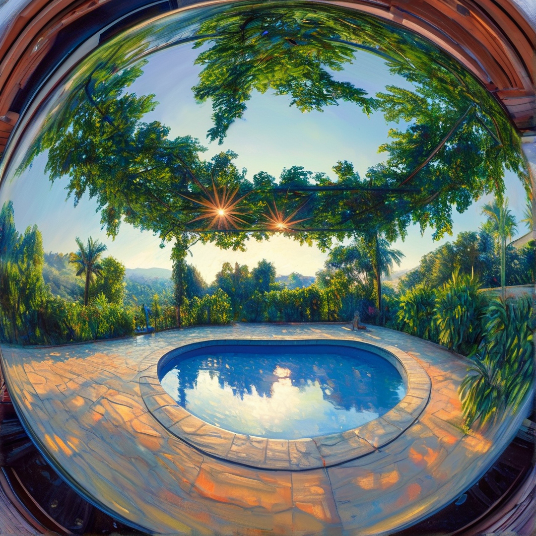 A round stone-rimmed pool sits among lush tropical plants, with bright sunbeams passing through leaves onto the stone patio.