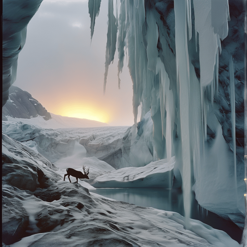 A lone antlered deer stands on snow at the mouth of a glacier cave hung with icicles as the sun sets over distant ice.