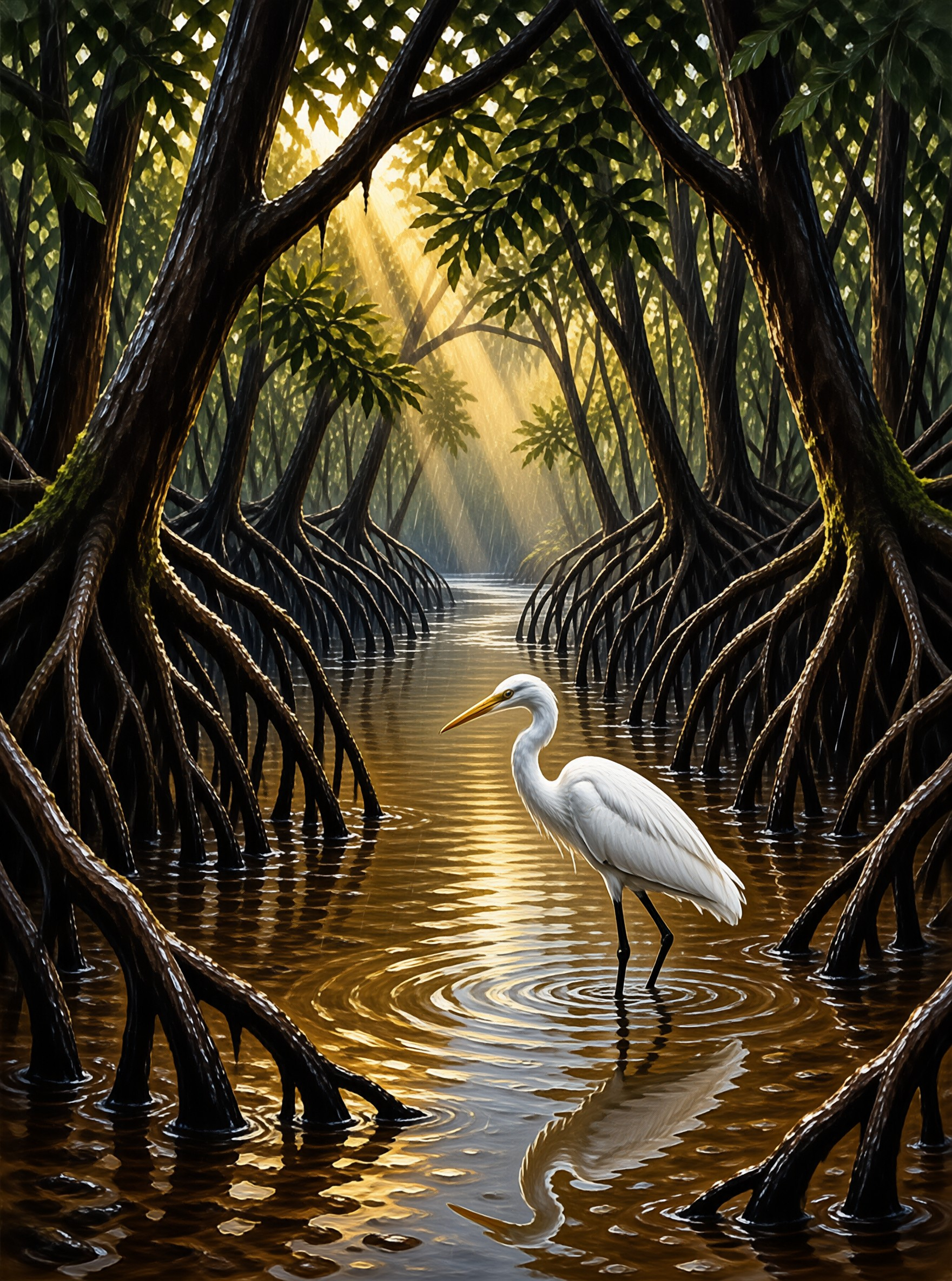 White egret wades through brown water surrounded by twisted mangrove roots while sunbeams filter through the canopy above.