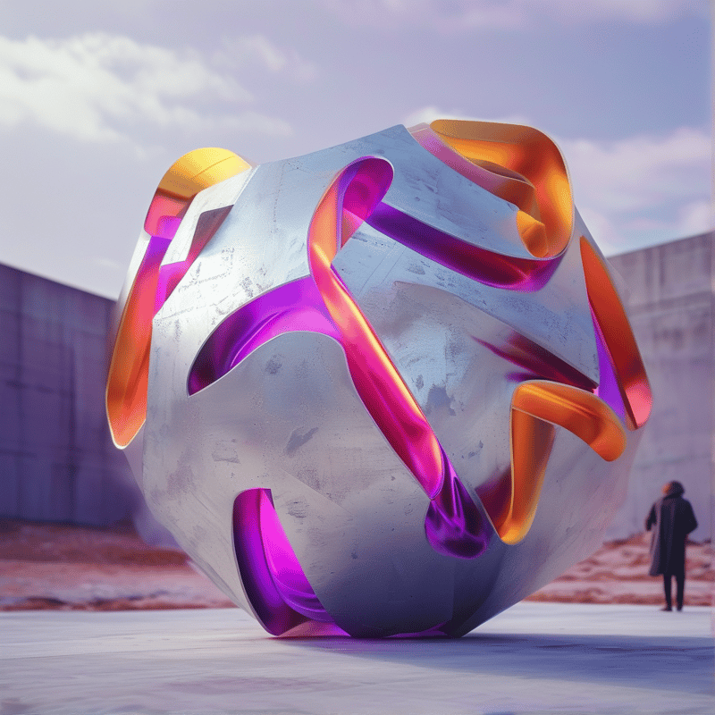 A large faceted metal sculpture with glowing purple and orange sections stands on a concrete surface near a wall.