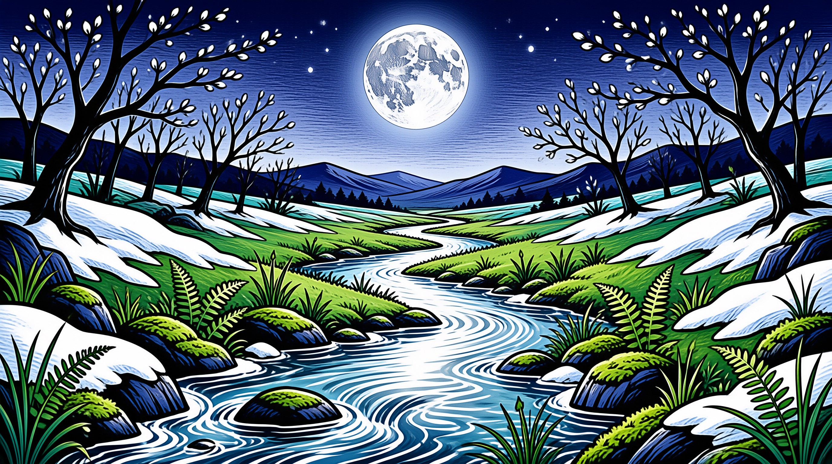 An illustrated stream flows between snowy banks and bare trees beneath a bright moonlit sky.
