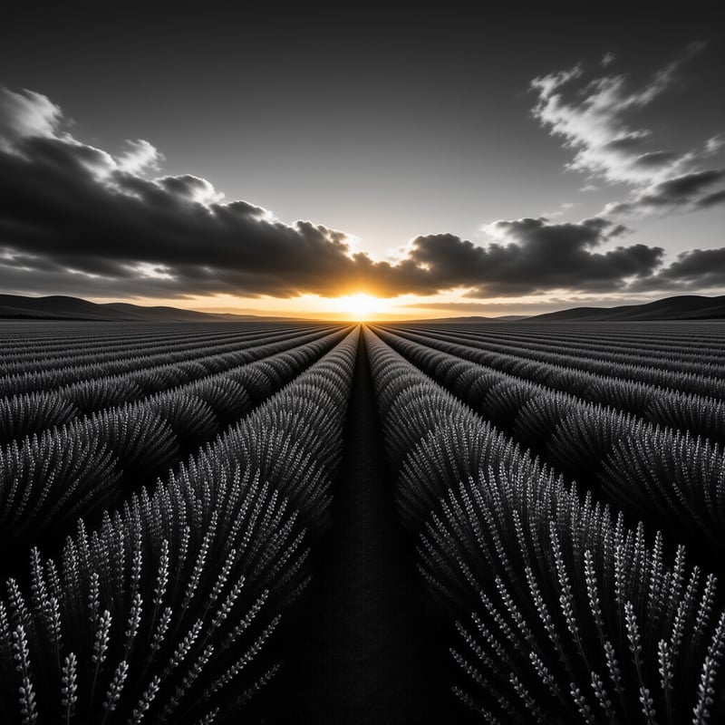 Rows of lavender plants stretch across a field towards a bright sun setting behind distant hills.