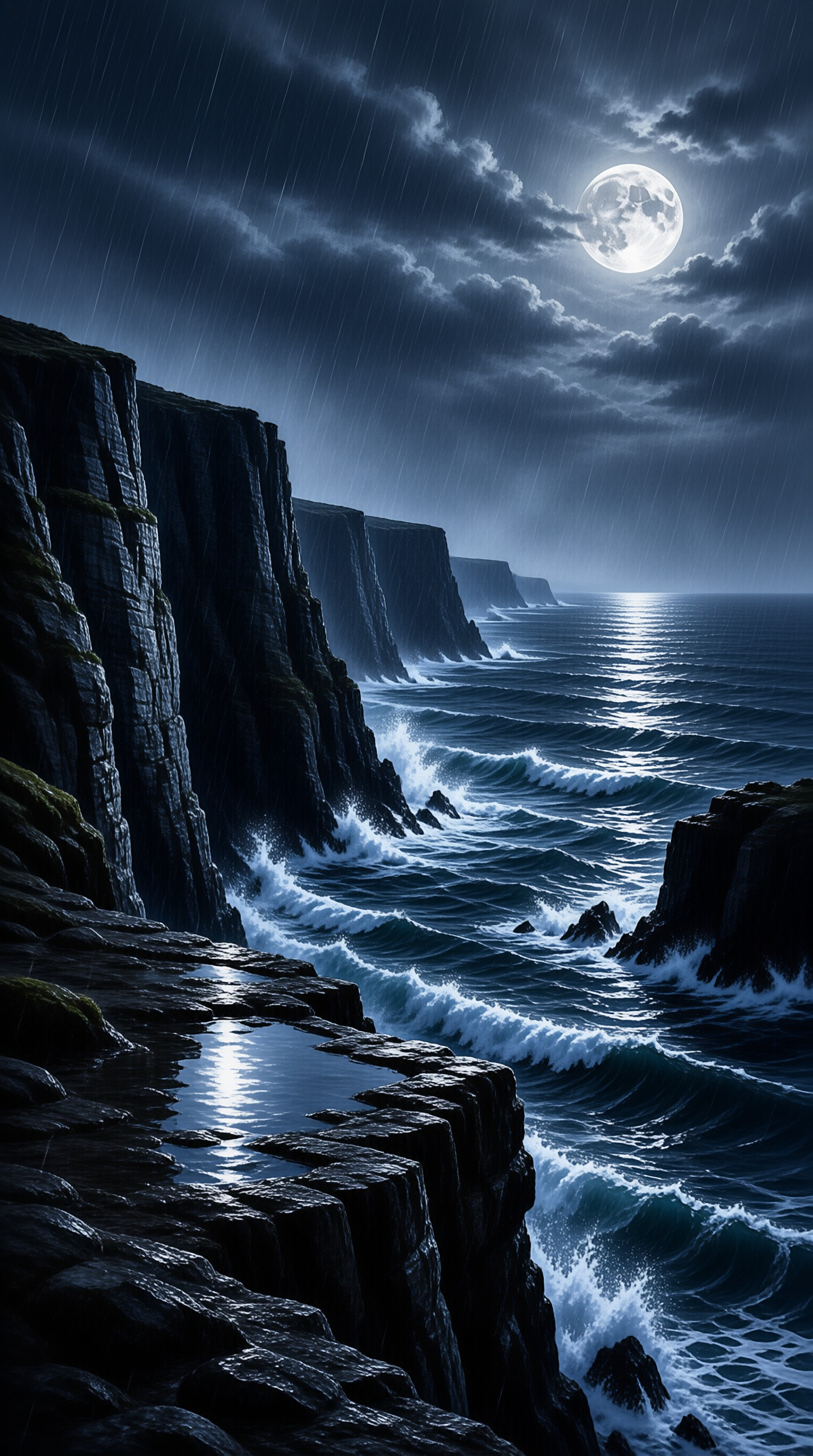 Rain falls on dark ocean waves as moonlight breaks through clouds above rugged coastal cliffs
