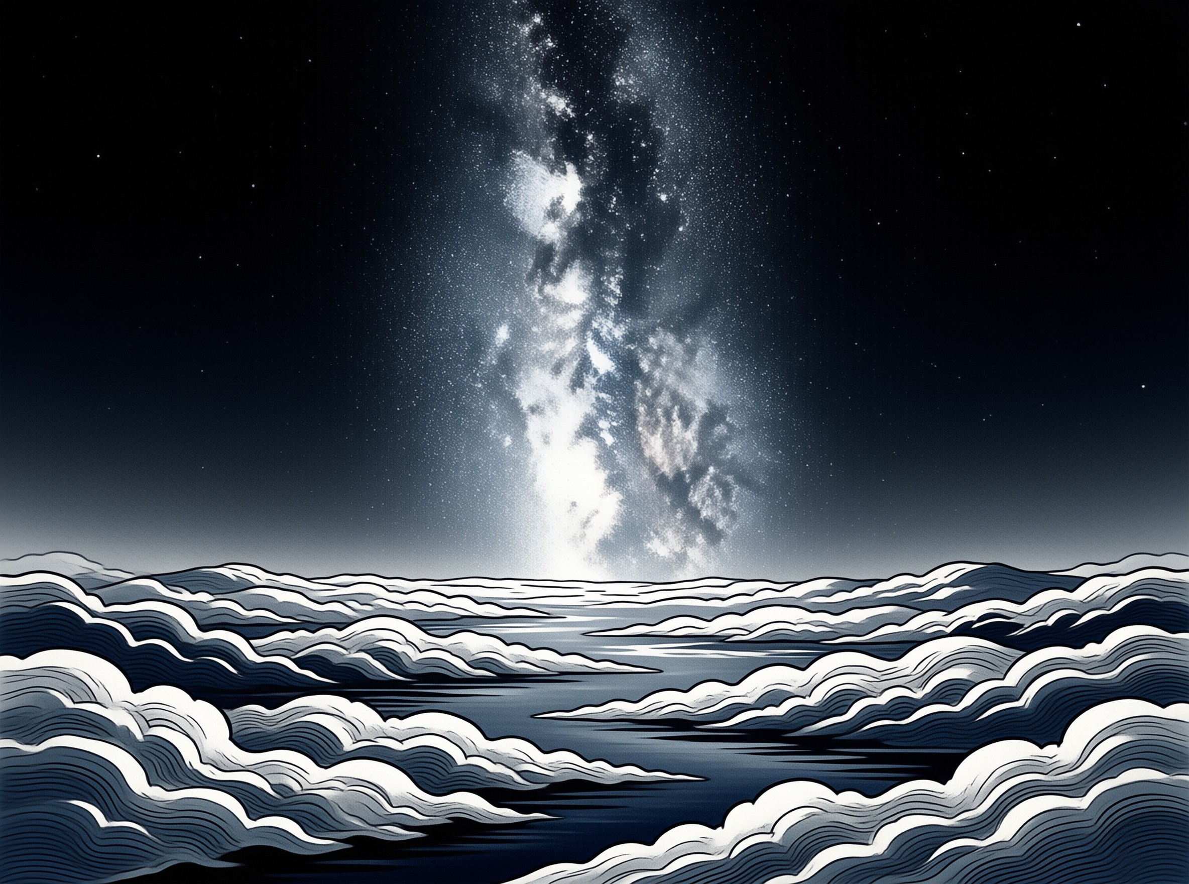 A graphic seascape of curling monochrome waves stretches toward a luminous band of stars rising in a dark night sky.