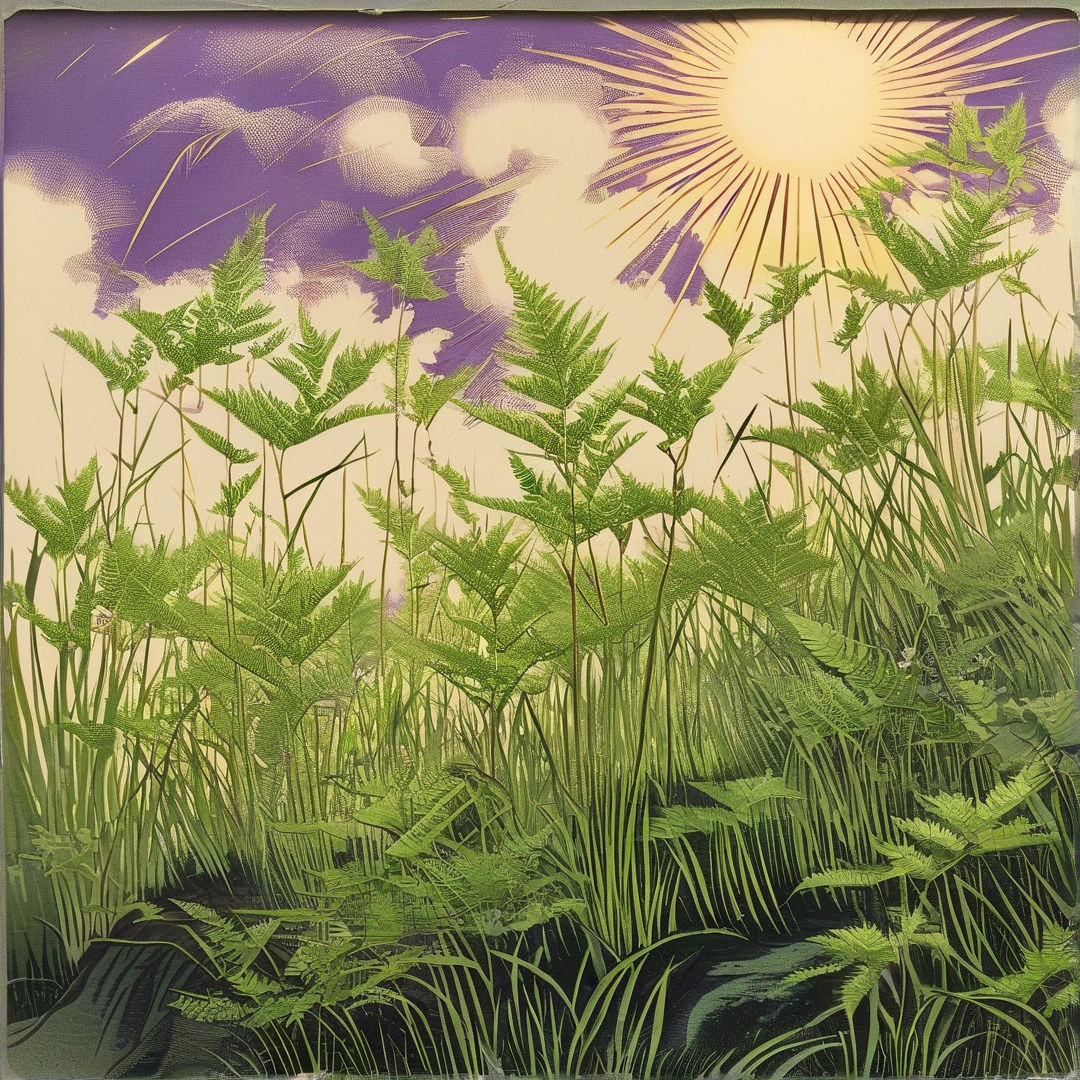 Stylized ferns and tall grasses stand out against a purple sky with a bright sun and clouds.
