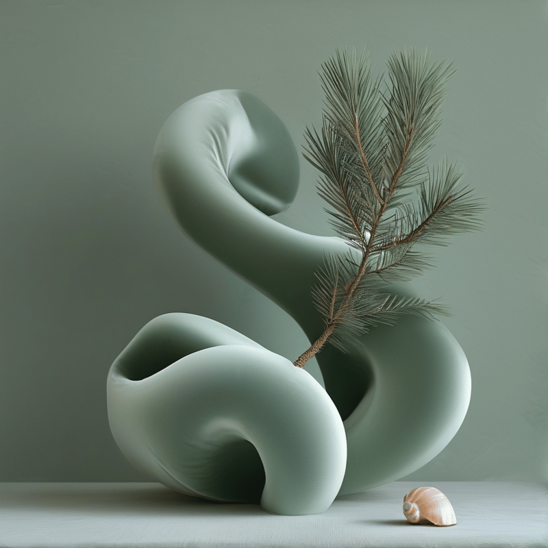 A smooth sage green sculpture contains a pine sprig with a small seashell placed on the floor.