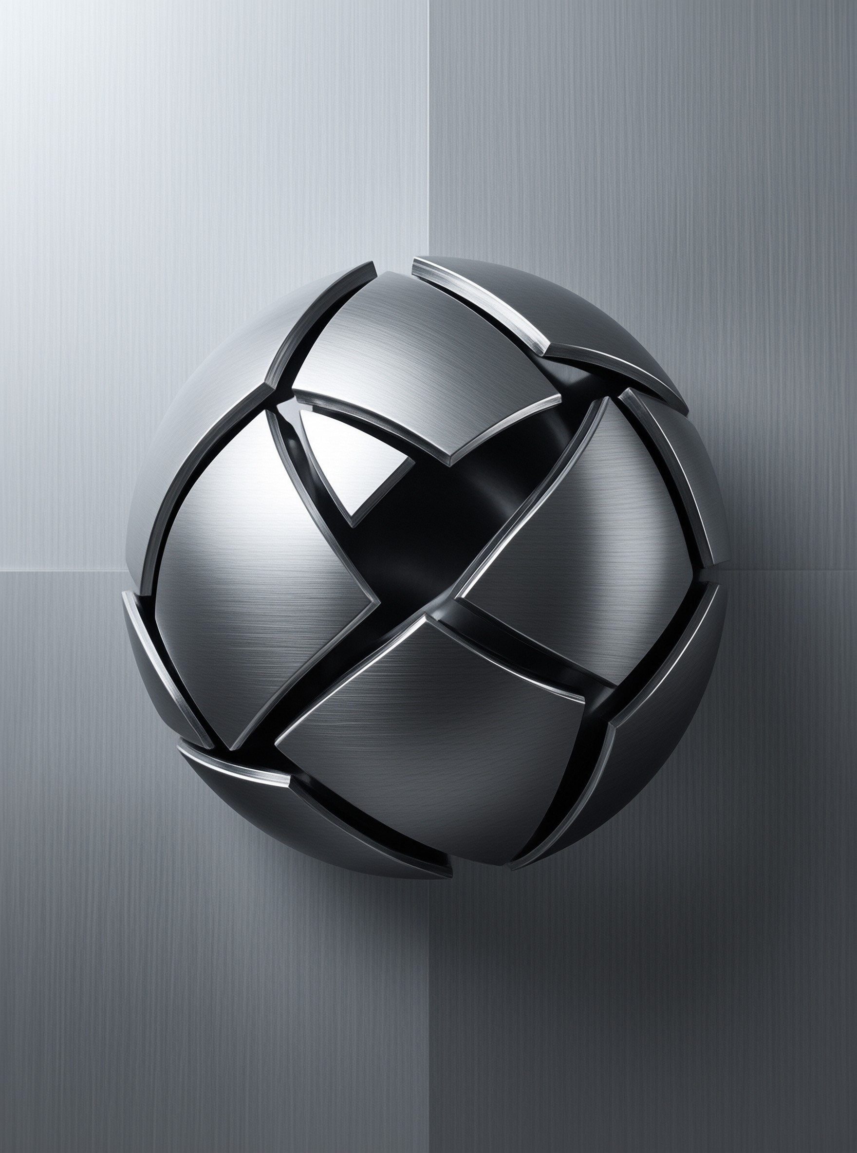 A segmented metal ball fixture is mounted on the corner where two brushed steel walls meet under soft lighting.